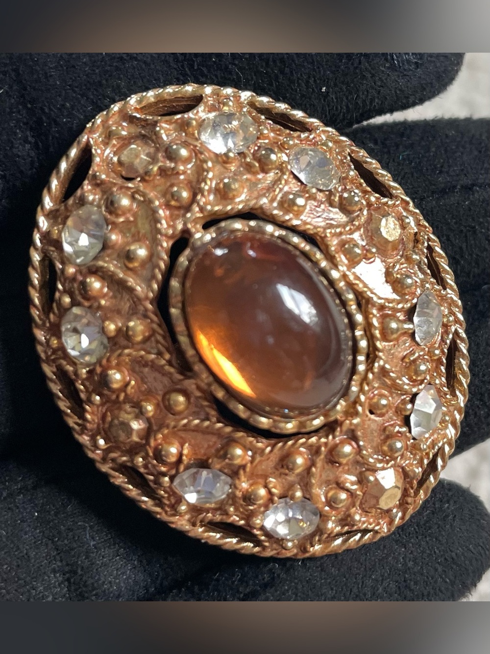Vintage-Inspired Gold Tone Amber Cabochon Statement Brooch